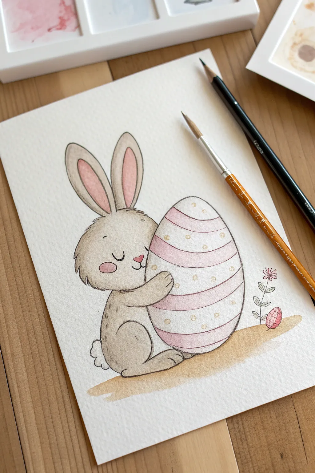 Cozy bunny hugging a glossy patterned Easter egg in soft Scandinavian minimalist style