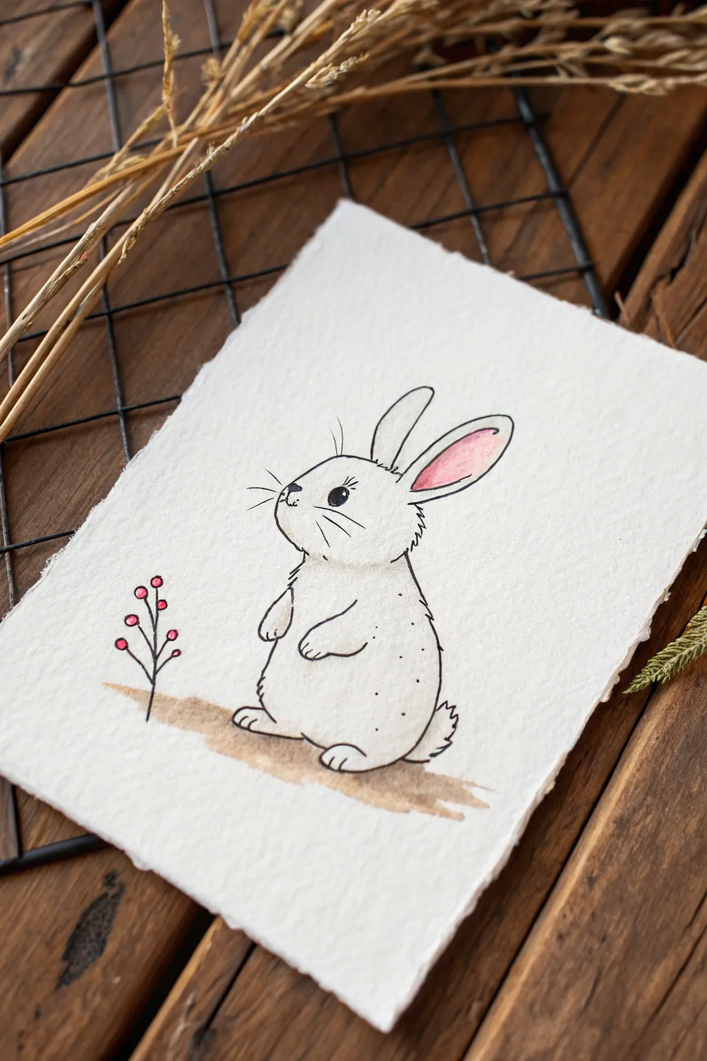 Chubby bunny with tiny paws and a fluffy tail puff, a simple extra-cute drawing idea