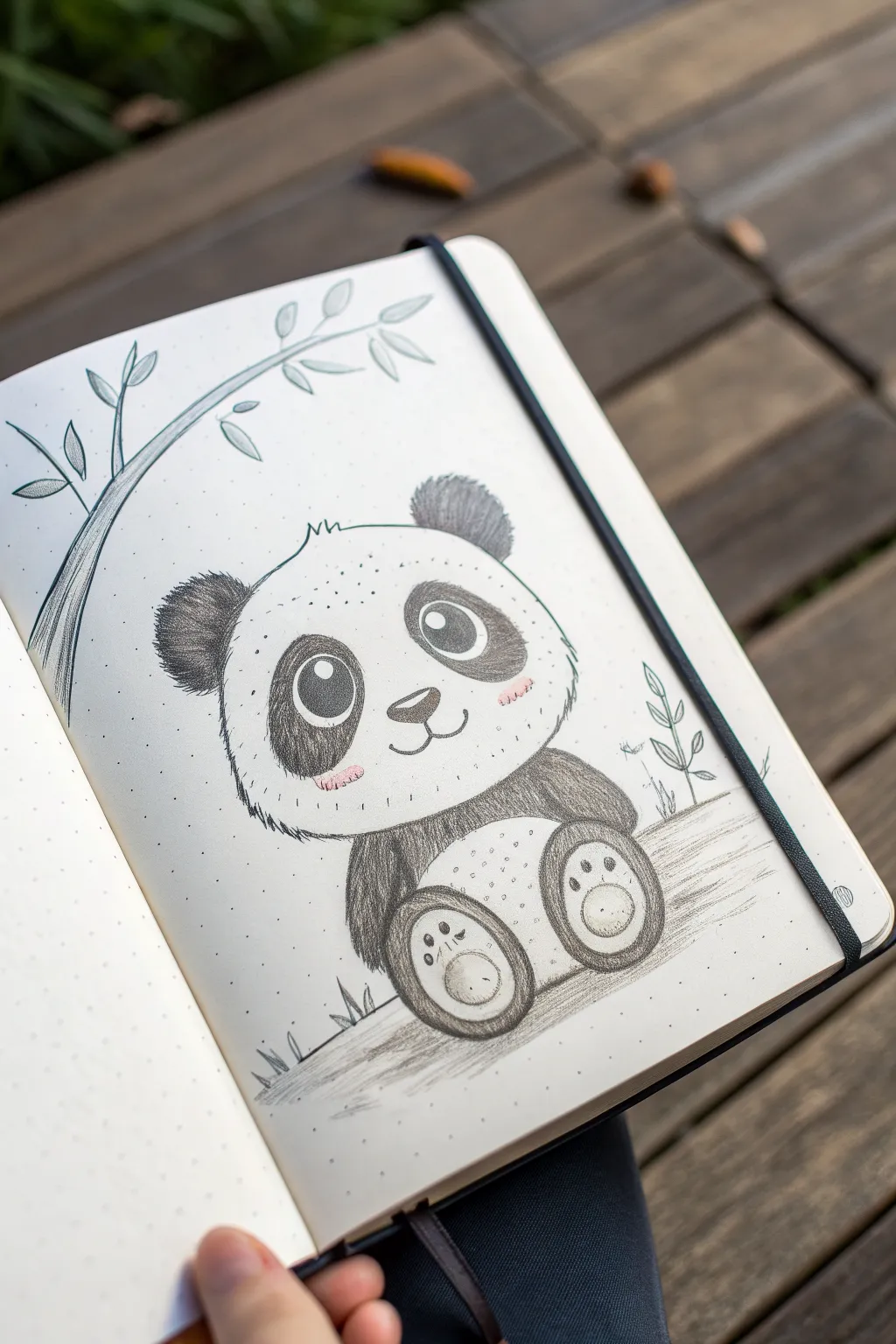 A simple 6-panel big-eyed panda drawing that stays minimal, neat, and extra cute