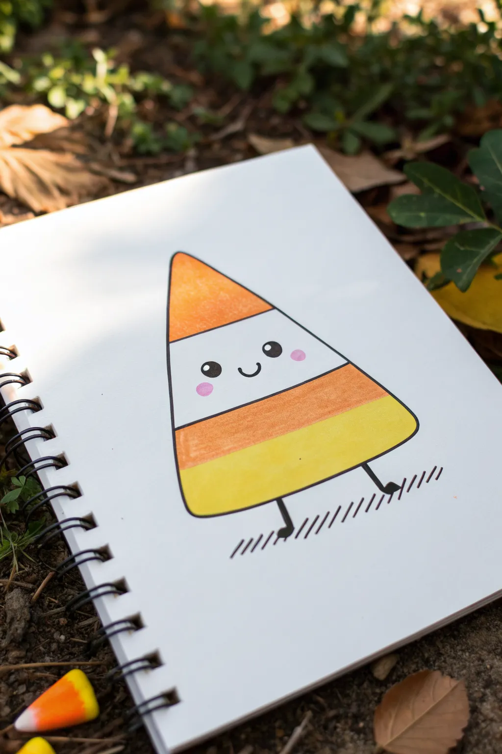 Easy Halloween idea: candy corn with a tiny face, blush cheeks, and bold simple stripes.