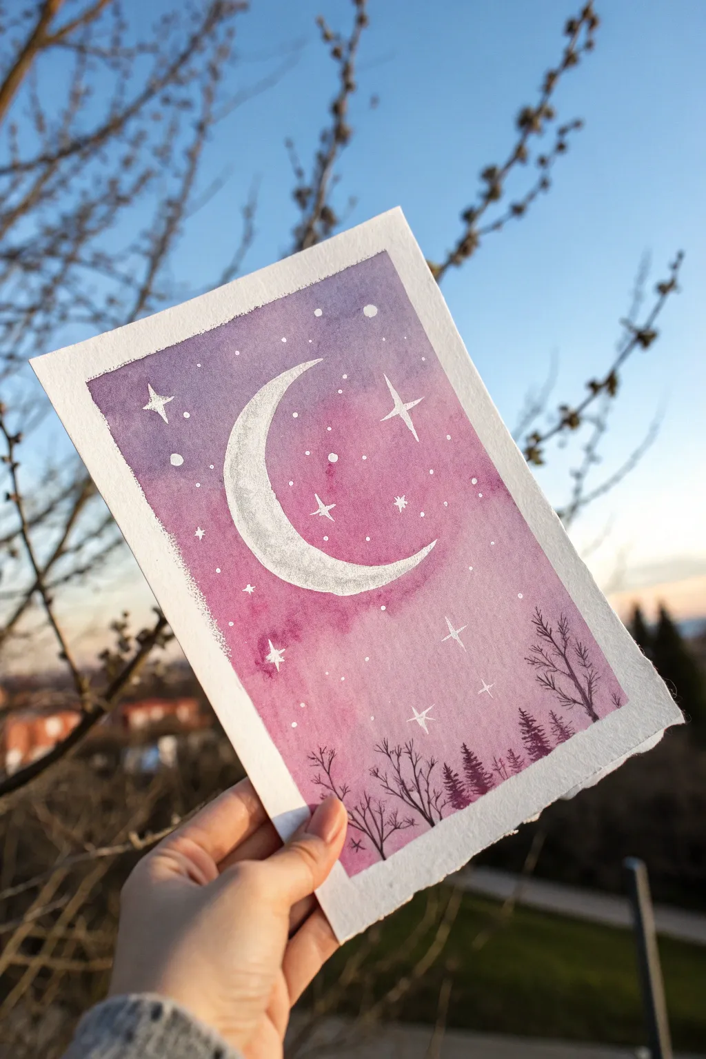 Paint a serene crescent moon over a pink-to-lavender gradient sky with tiny star dots.