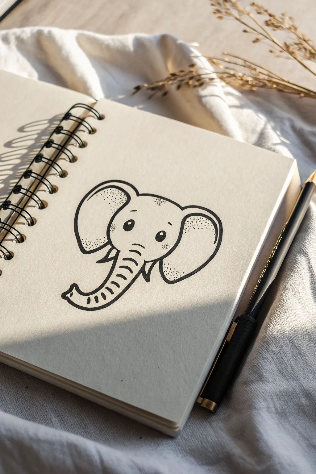 Simple elephant head doodle with big ears and a tiny curved trunk, perfect for quick sketches.