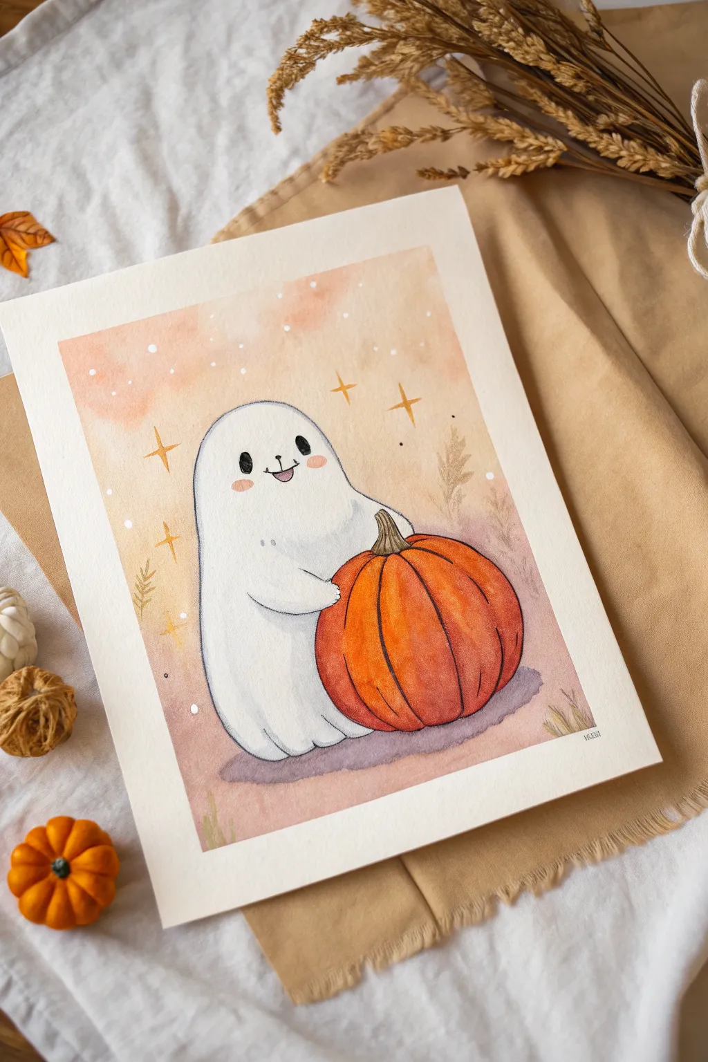 Paint a cuddly ghost hugging a bright pumpkin, minimalist and cozy for a sweet autumn vibe