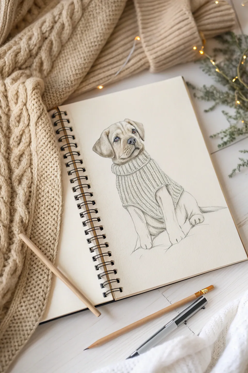 Cozy sweater puppy drawing idea with satisfying knit texture and gentle Scandinavian vibes