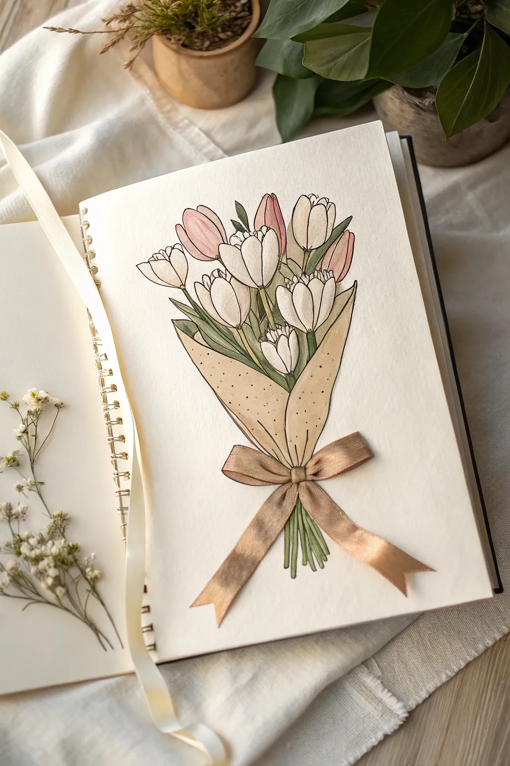 Minimal bouquet sketch with blank ribbon banner, perfect for a sweet Mothers Day message.
