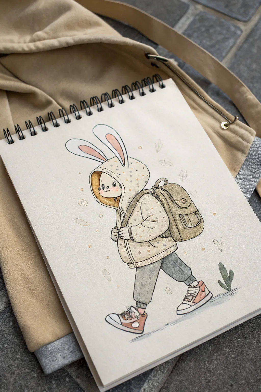 Bunny Hoodie Hopster OC: bouncy mid-step hoodie with long ears, backpack, and cozy sneakers.