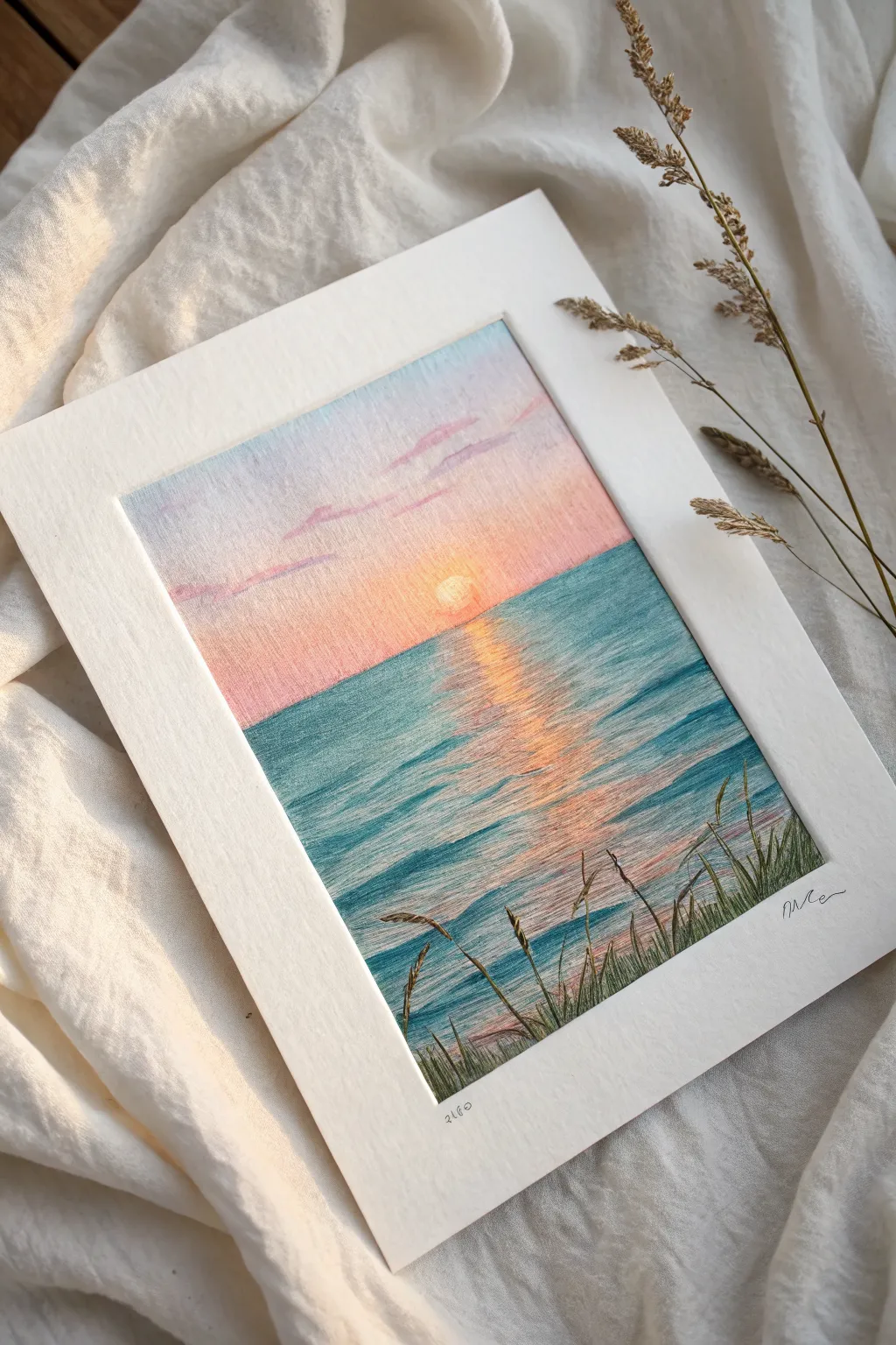 Simple oil pastel ocean horizon: warm sunset gradient and an easy vertical sun reflection