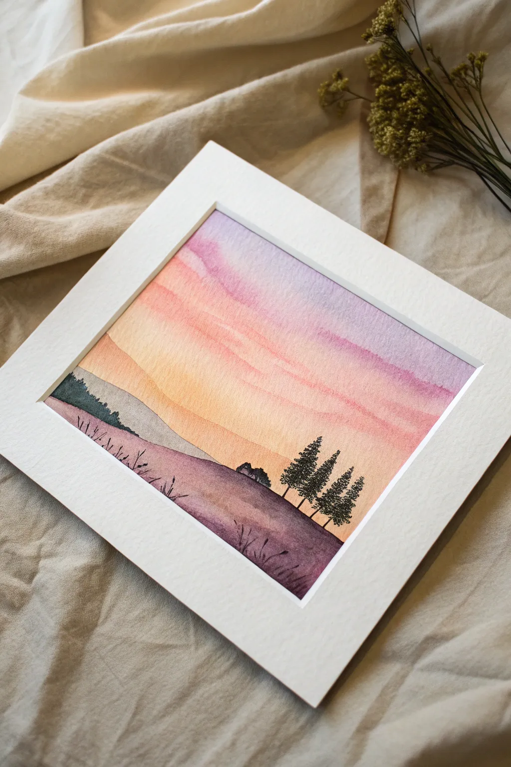 Dreamy pastel sunset wash with a crisp black silhouette for an easy minimalist painting idea