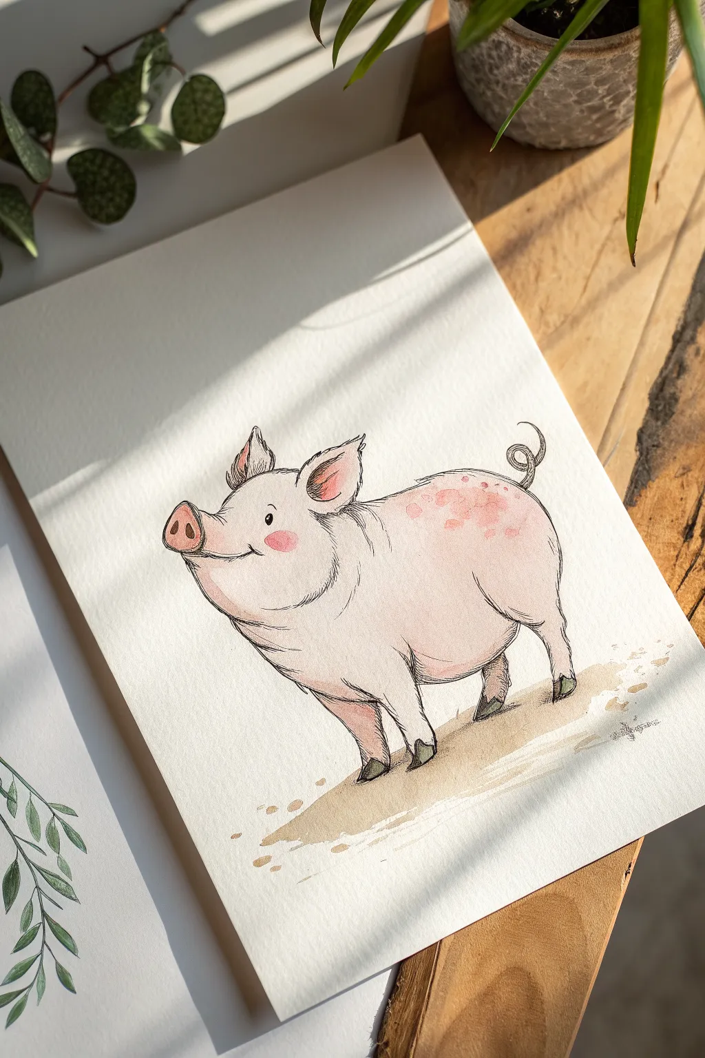 Chubby pig with a curly tail in simple blush watercolor and bold lines for easy painting practice.