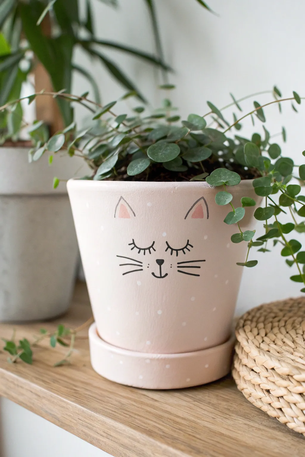 Sweet pastel cat-face pot with whiskers and sleepy eyes, finished with a soft trailing plant.