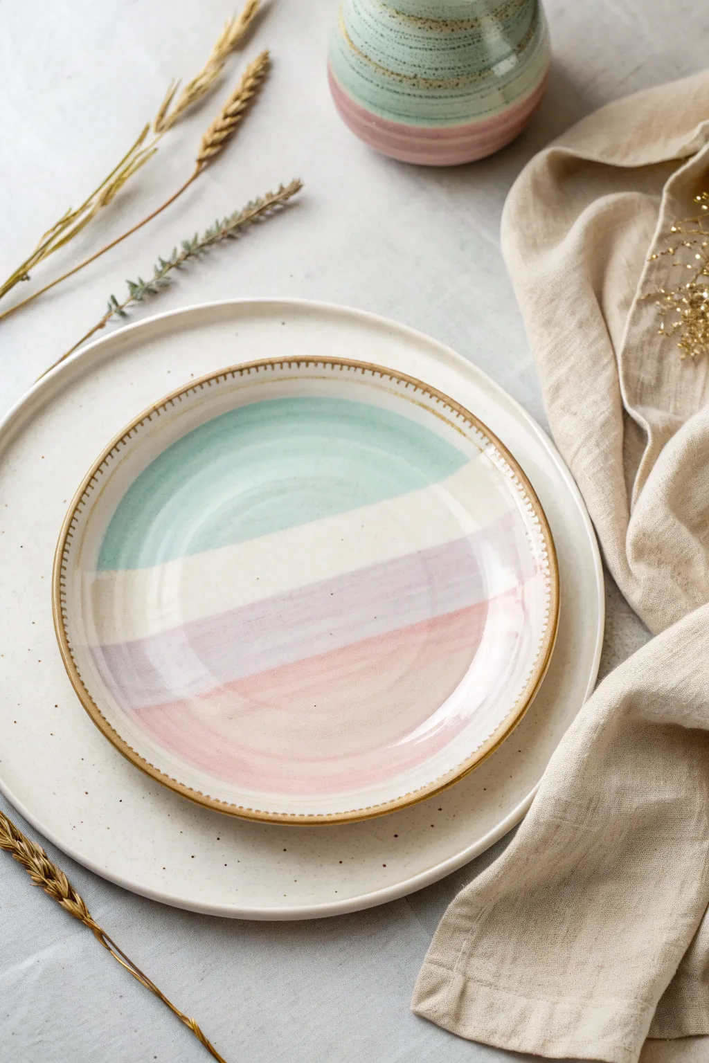 Simple pastel stripe plate idea with a crisp border for an airy, cute pottery look