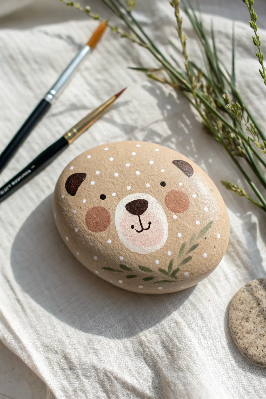 Cozy baby bear snout rock with dot eyes and blush cheeks, minimalist Scandinavian boho charm