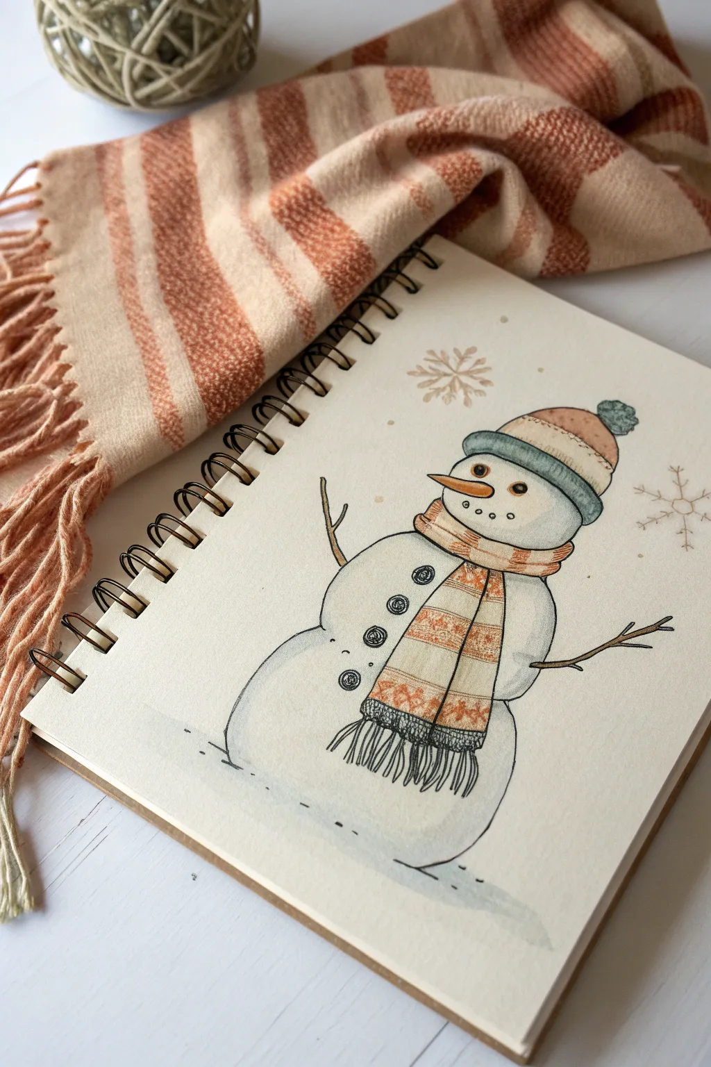 Cozy striped scarf snowman drawing, simple and cute for minimalist winter sketching