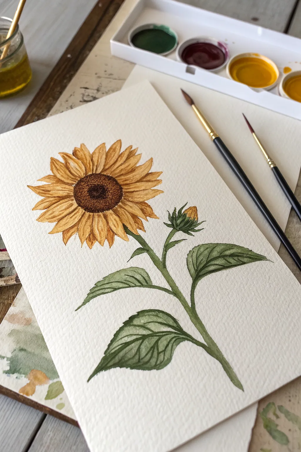 Easy single sunflower painting with two bold leaves, minimalist and cozy for a clean boho look
