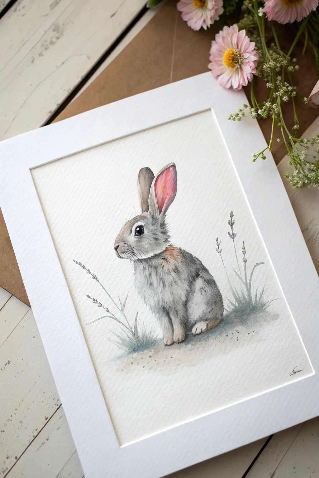 Baby bunnies with blush cheeks and a tiny flower, a sweet minimalist watercolor idea.