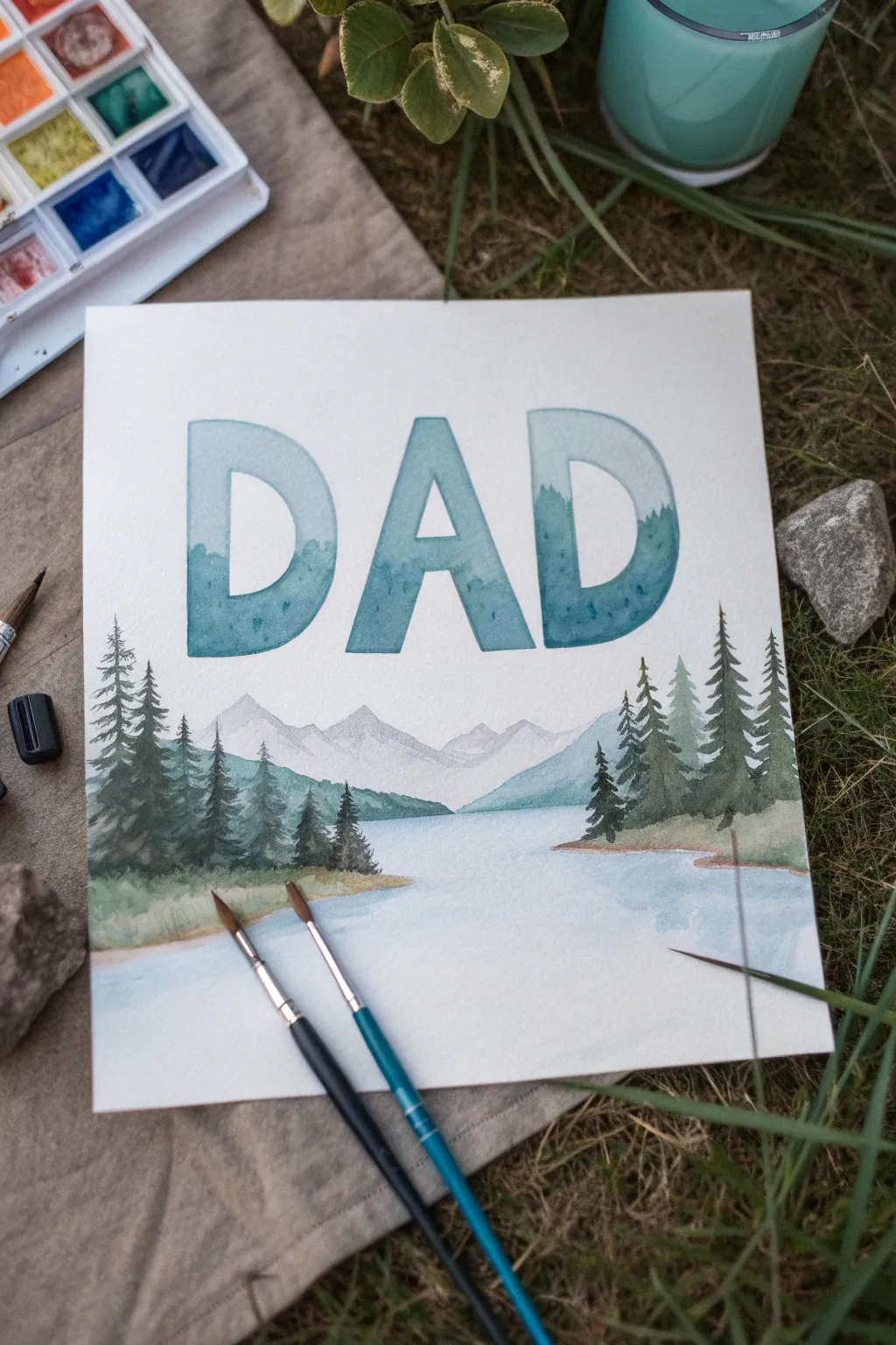 Simple DAD block letters with a tiny landscape inside, a clean handmade painting idea for his birthday