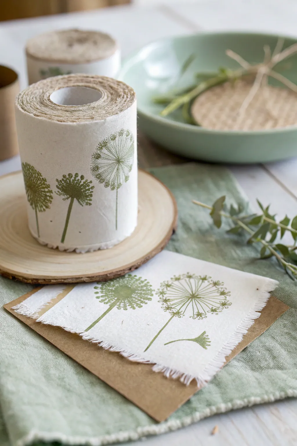Toilet paper roll stamp dandelion heads in a soft Scandinavian minimalist boho style