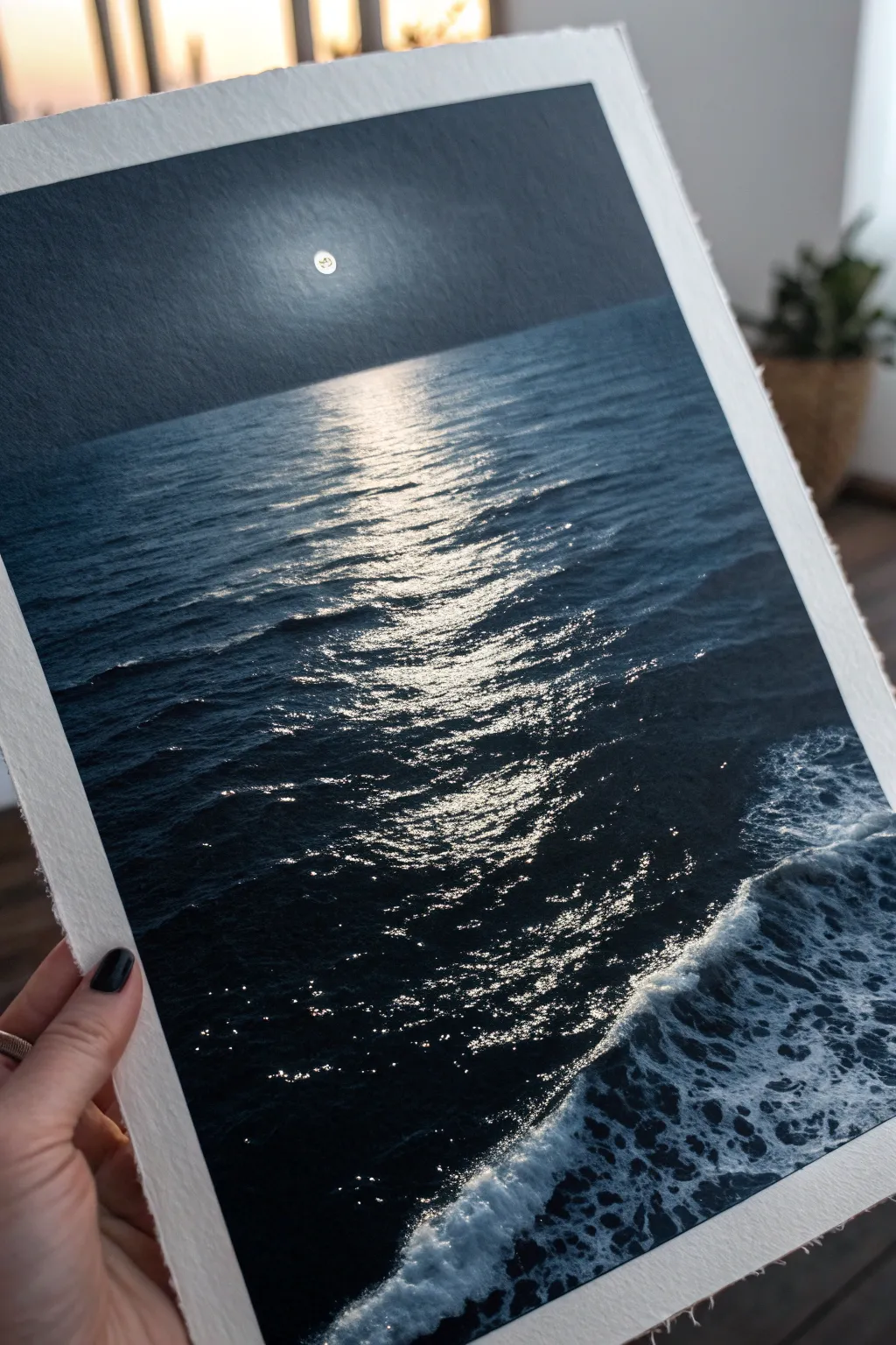 Minimalist dark ocean study with a thin moon shimmer, crafted in deep blues and blacks.