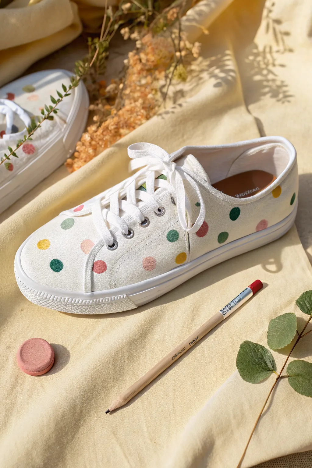 Add playful fabric paint dots and speckles for an easy, cheerful shoe makeover.