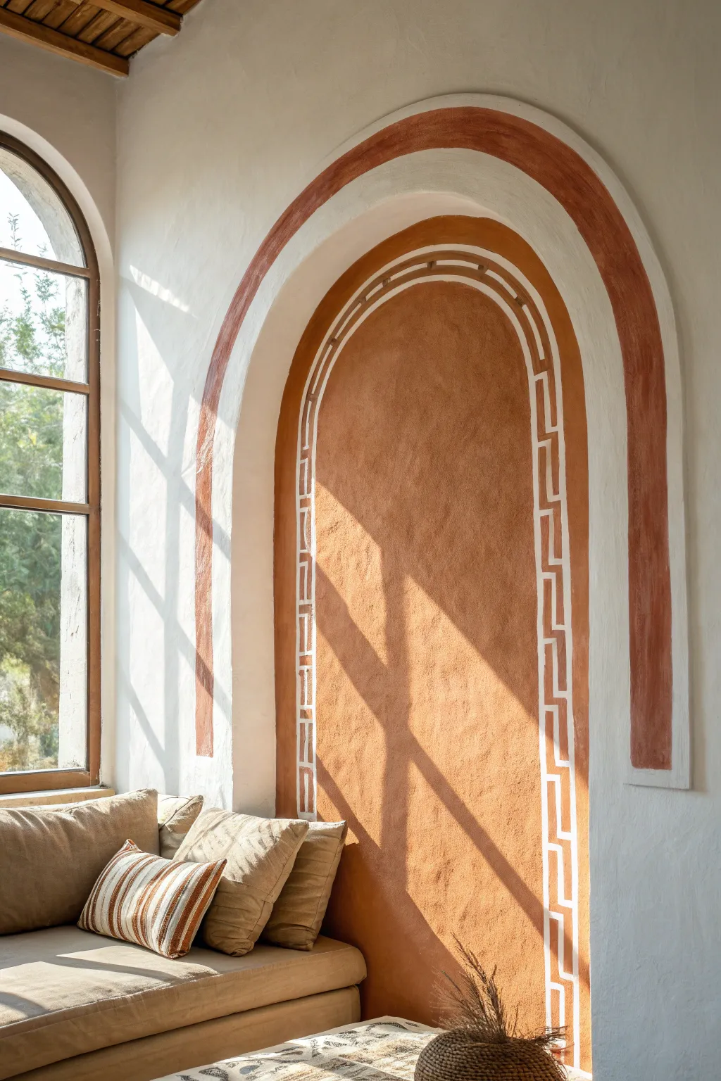 Soft painted arch backdrop adds warmth and structure behind your sofa or bed, effortlessly chic.