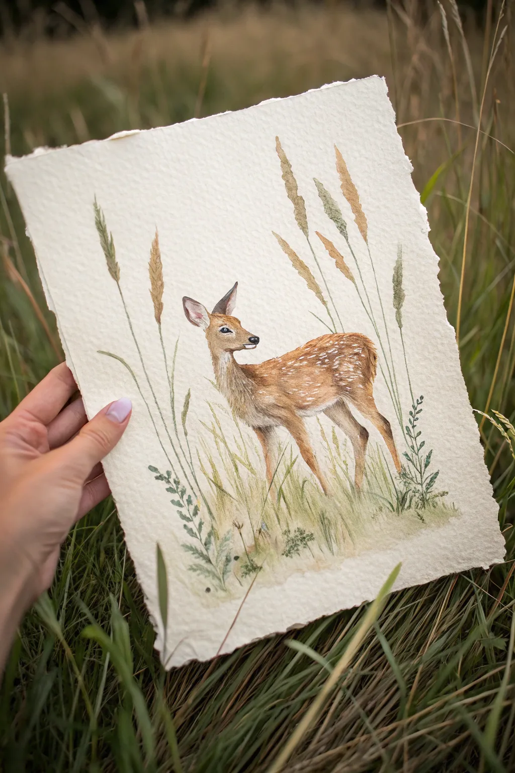 Tender doe and fawn in soft meadow tones, minimal background with cozy Scandinavian calm.