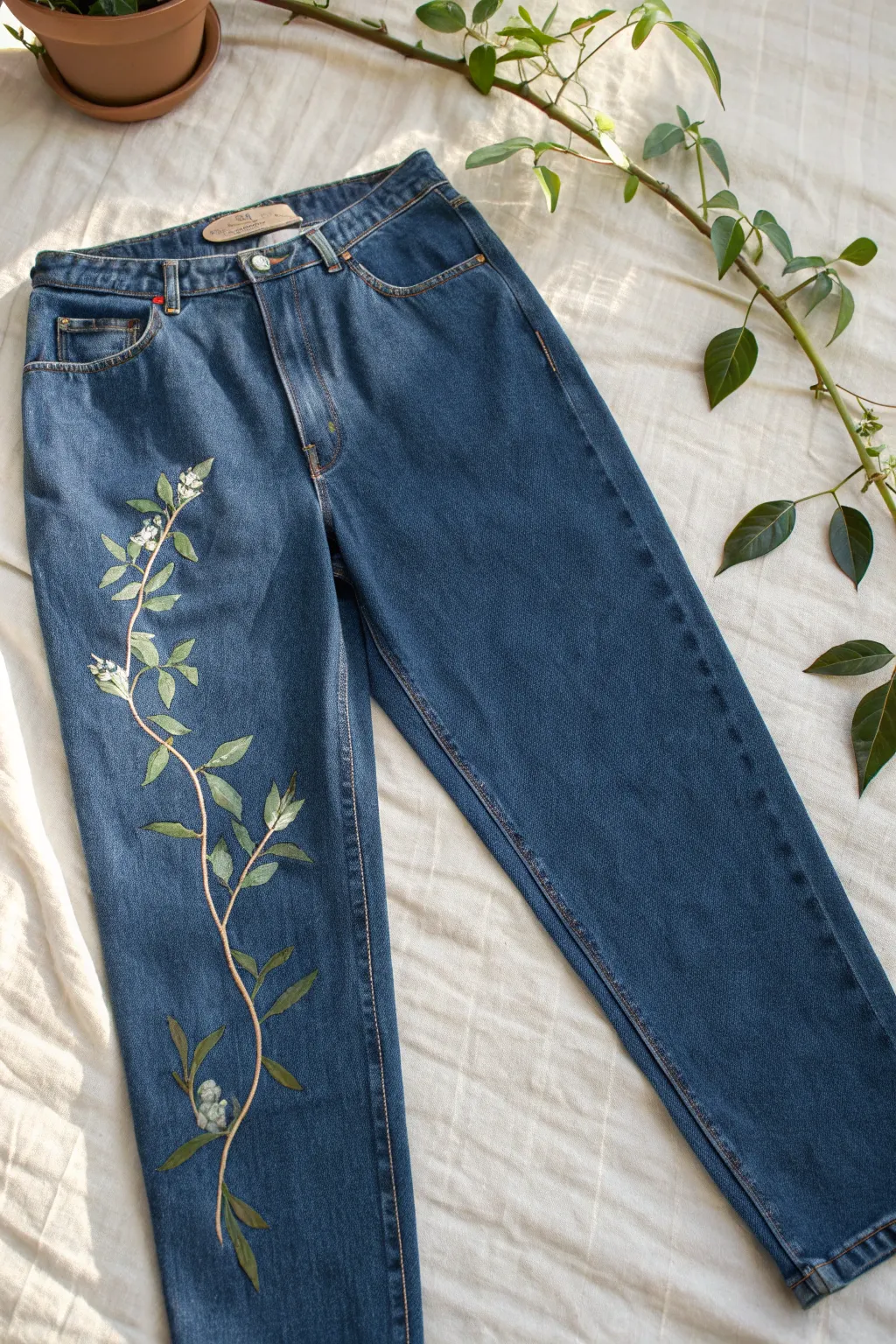 Botanical vine painted up the side seam for an elegant, nature-inspired denim makeover