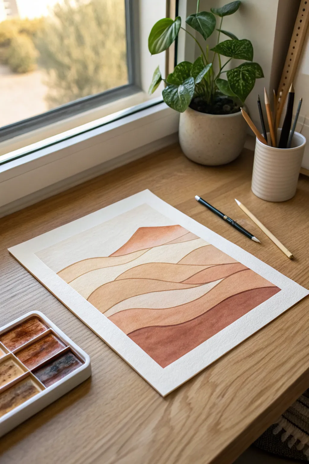 Layered sand dunes in three tones, a calm minimalist desert painting idea with easy depth.