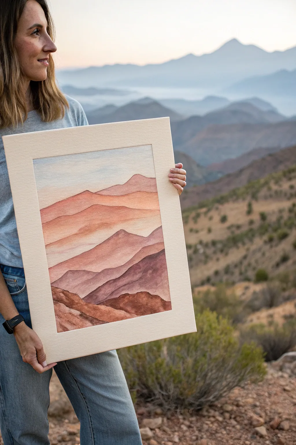 Layered desert mountains fading from warm foreground to cool distance for dreamy depth.
