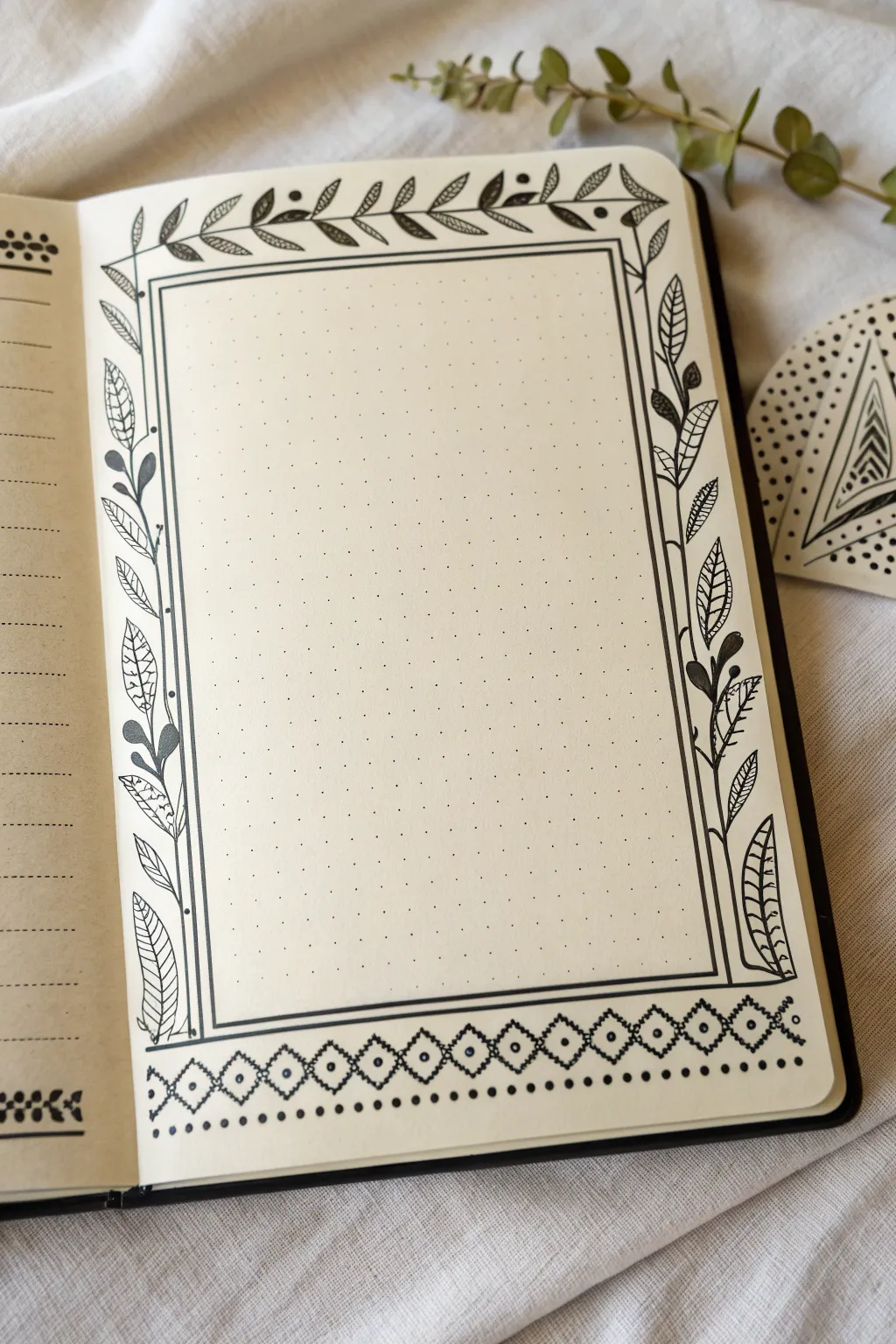 Clean black-ink doodle borders framing a blank rectangle, minimal Scandinavian style with boho charm