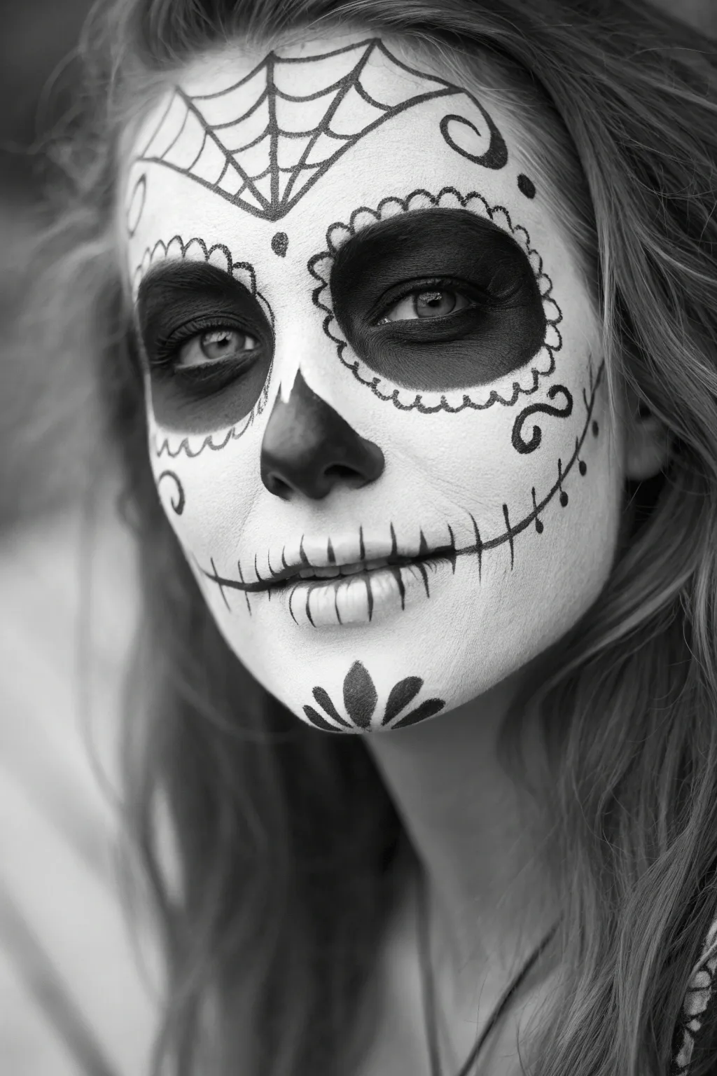Elegant black and white sugar skull face paint with crisp lace details and a bold teeth grid