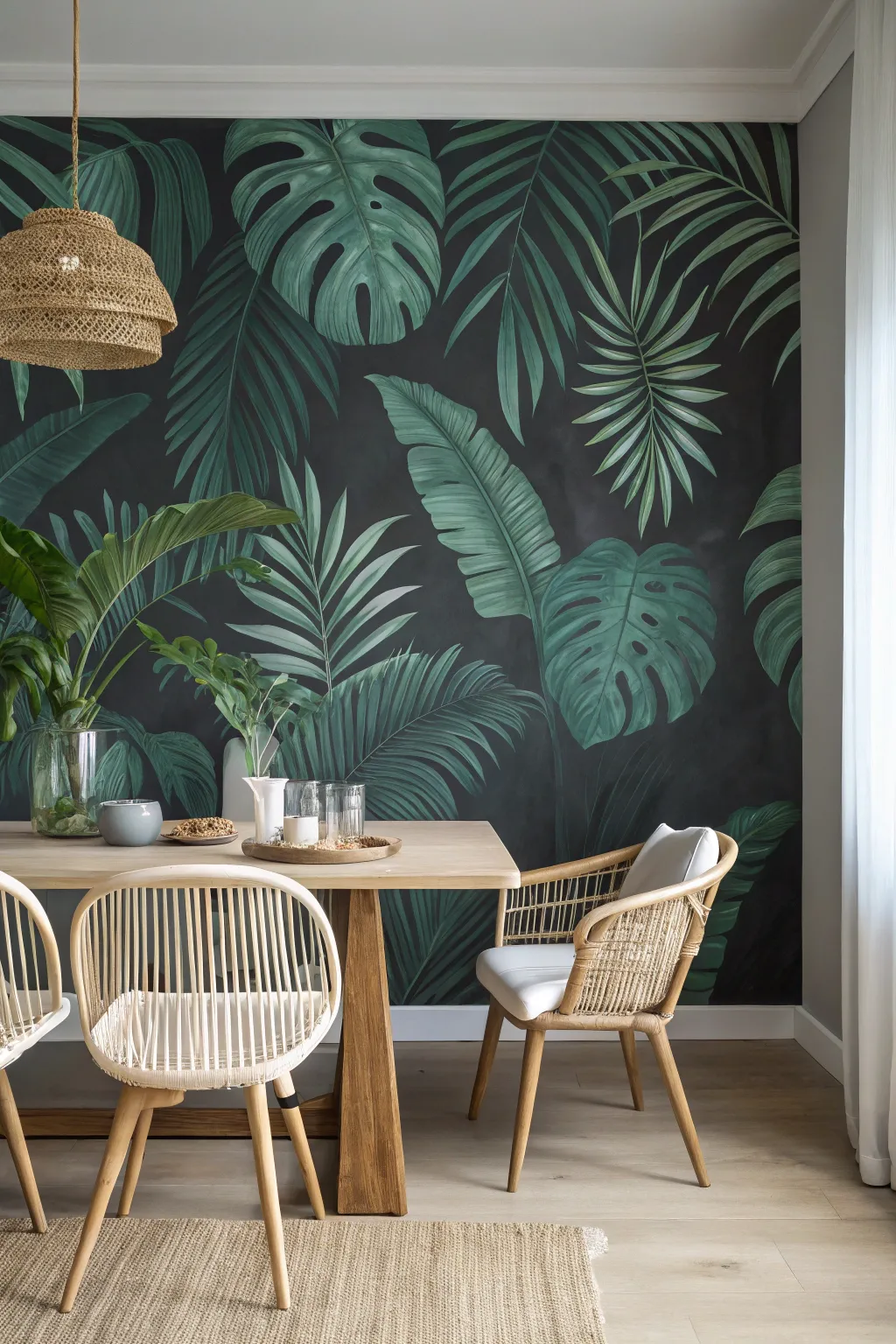 Moody tropical leaf statement wall with deep tones and airy Scandinavian dining chairs
