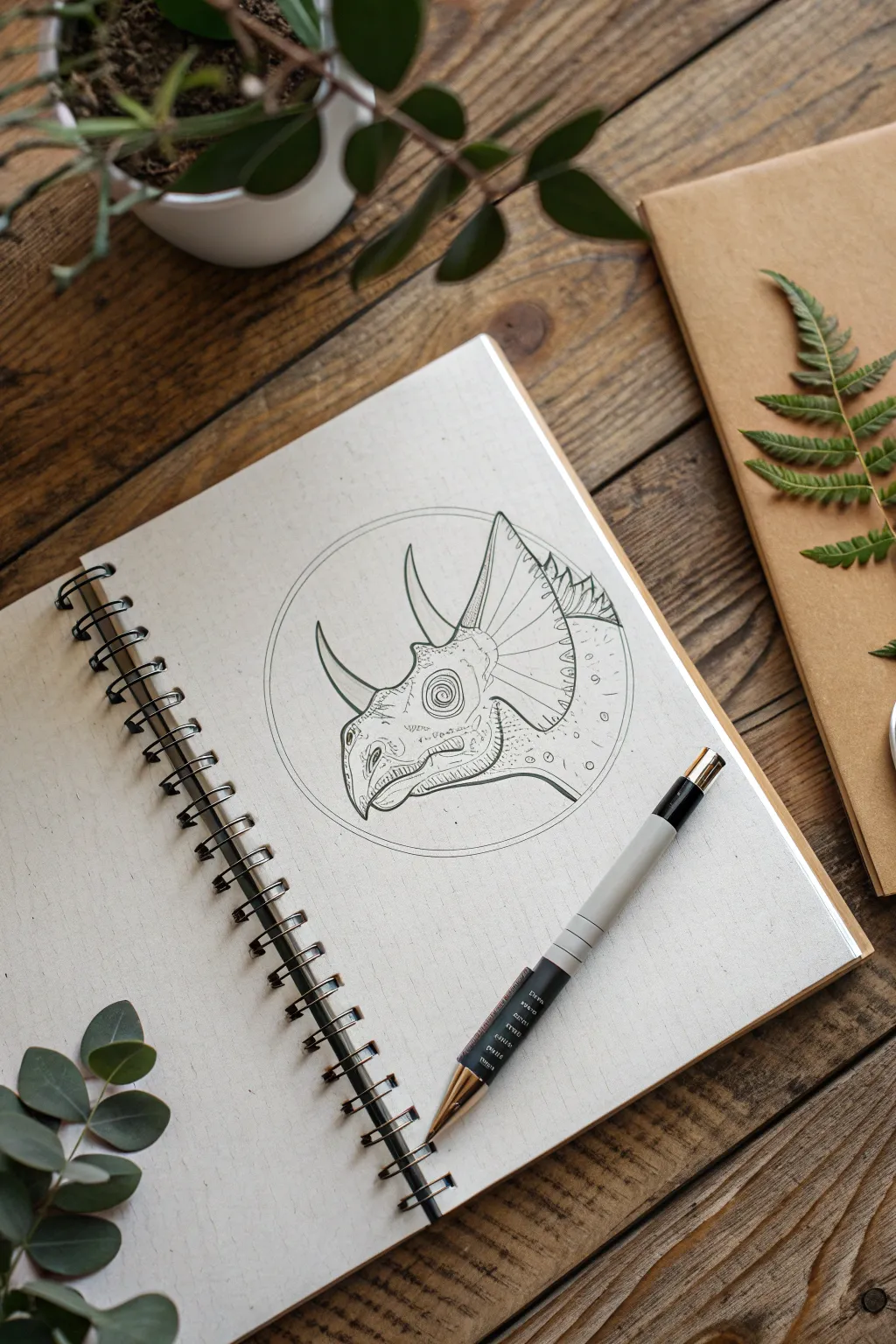 Build a triceratops from big shapes first, then trace bold horns and frill with clean lines.