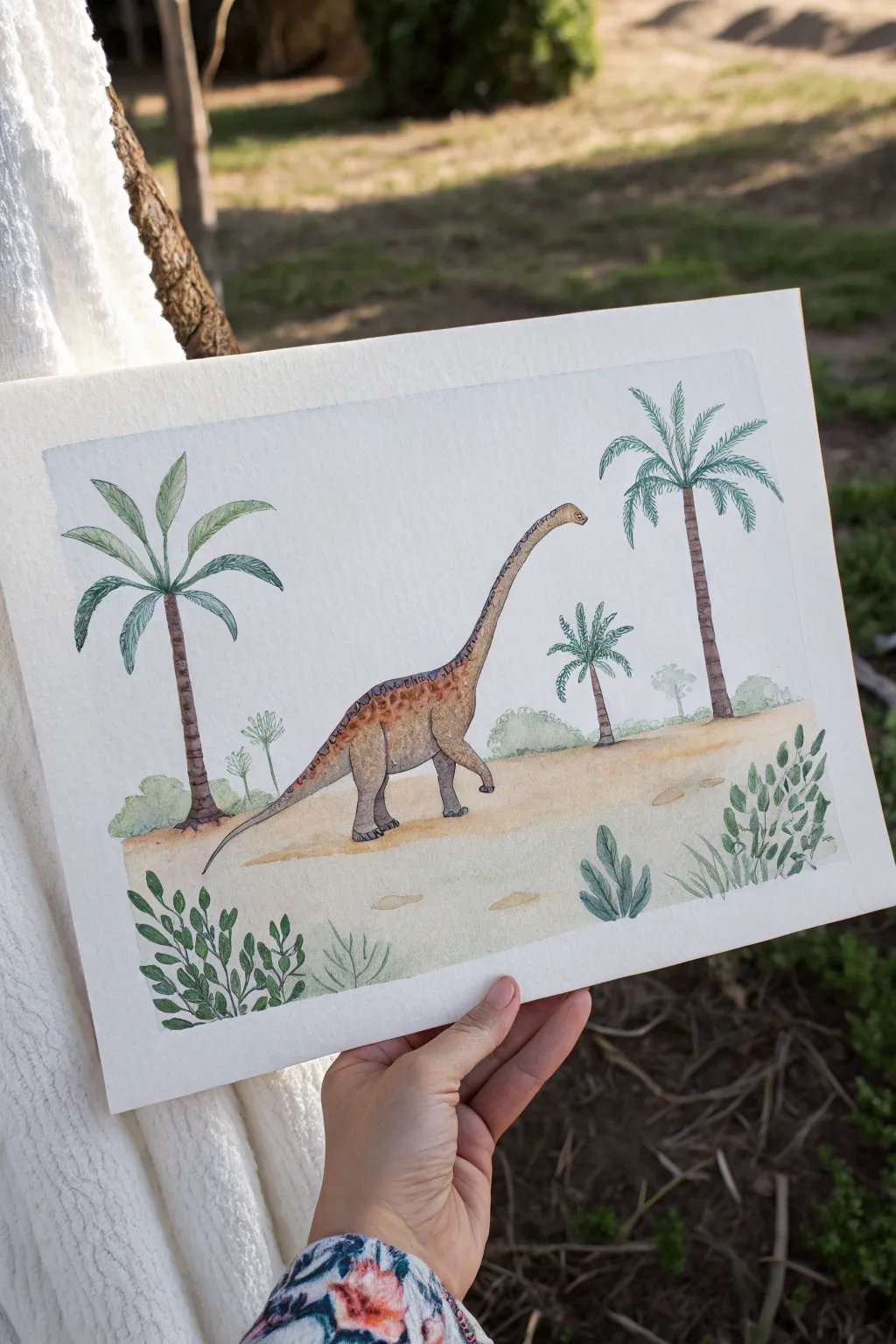Minimal sauropod stroll in soft desert tones, easy color blocks and palm silhouettes.