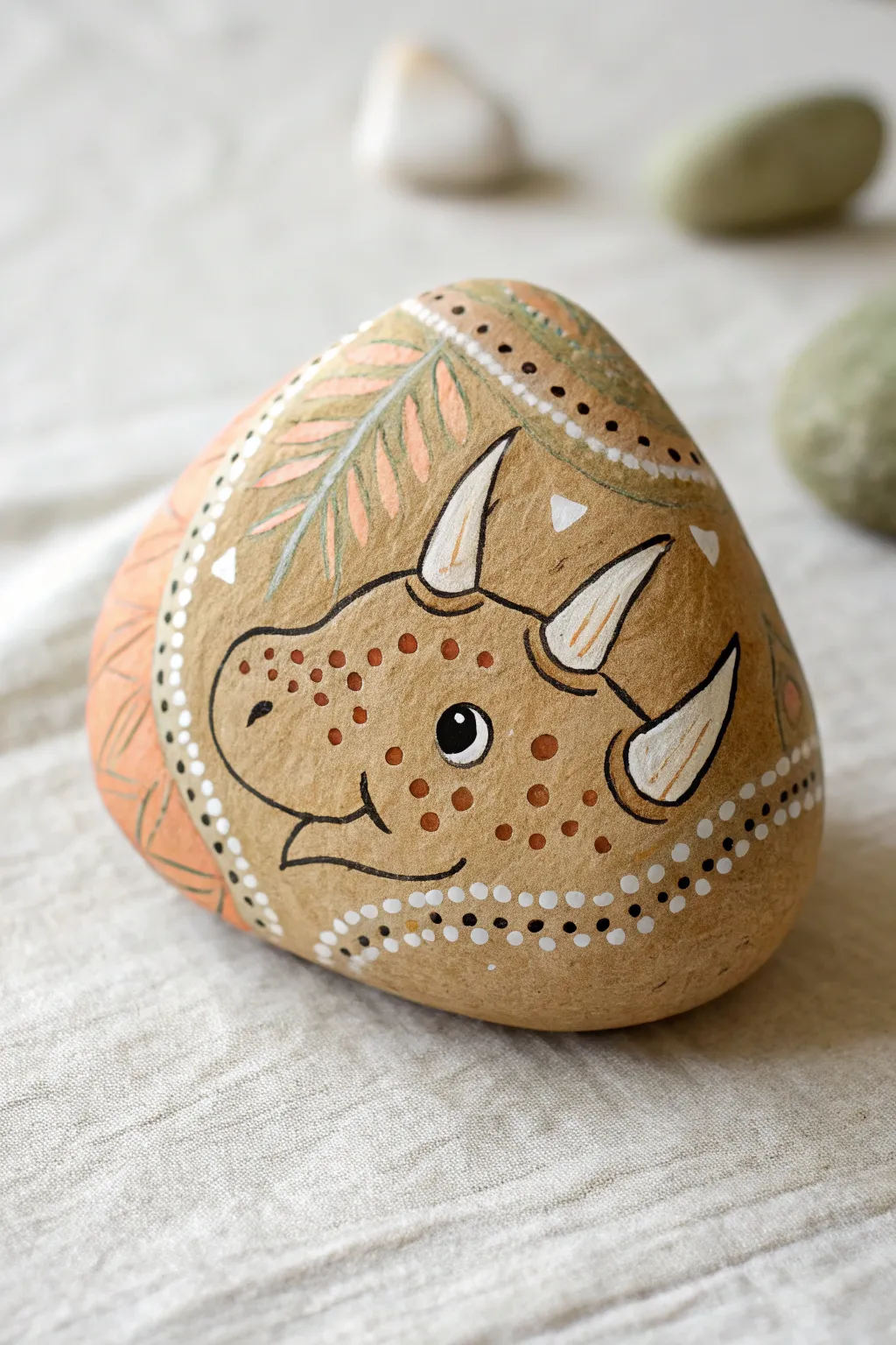 Paint a sweet triceratops face on a flat rock with a bold frill pattern in earth tones.