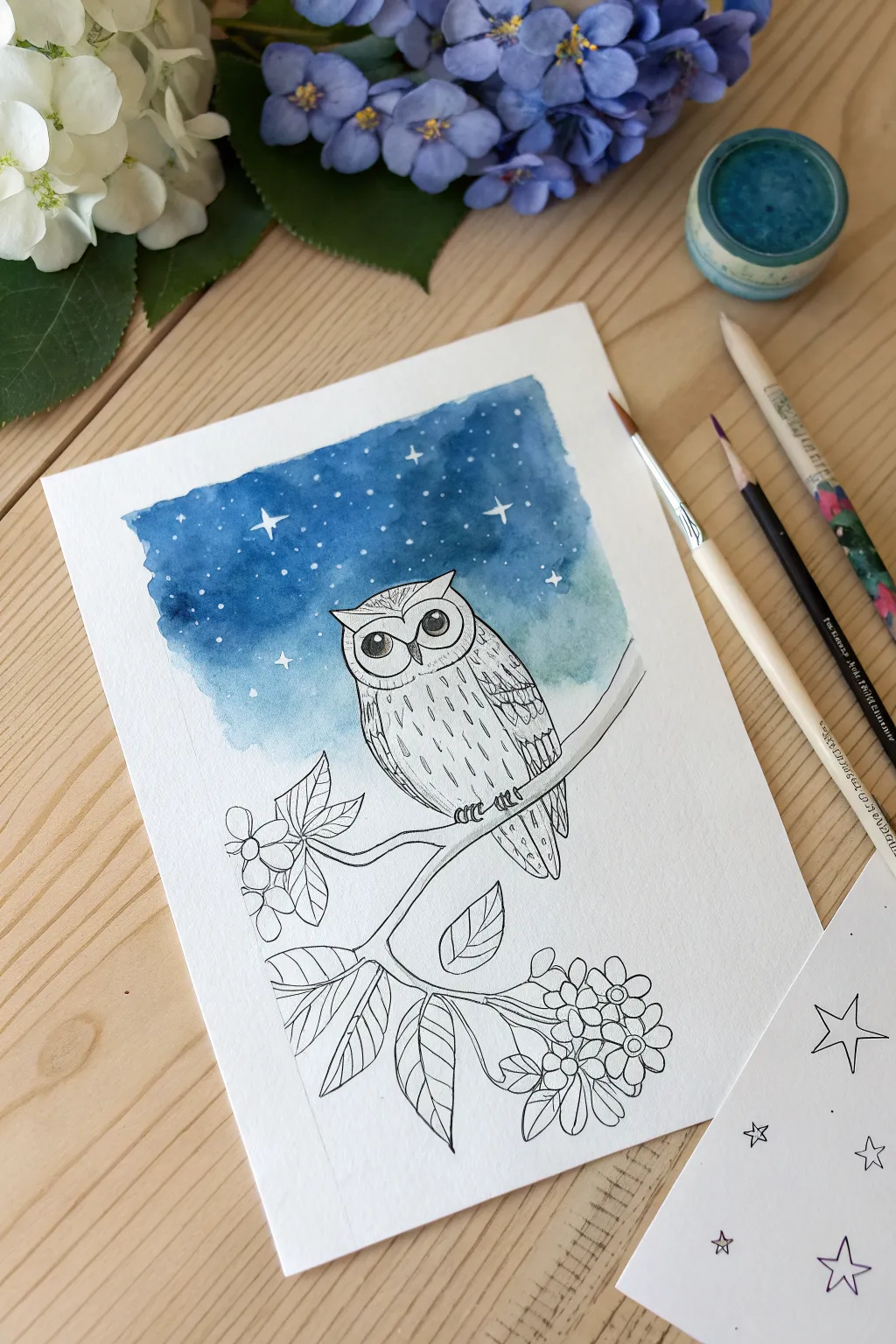 Owl night sky directed drawing with bold ink lines and a simple watercolor wash backdrop