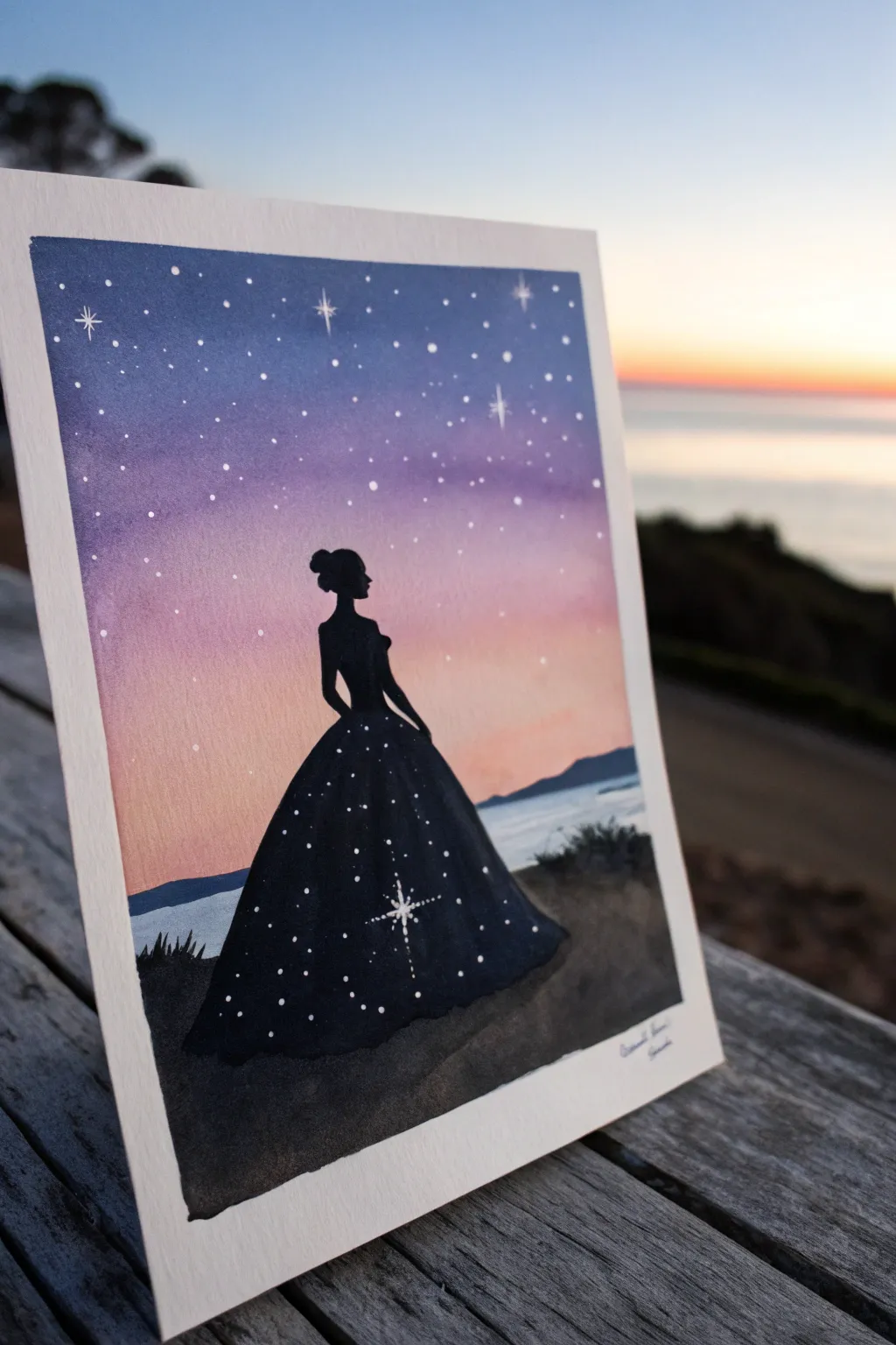 Minimal princess gown silhouette in black against a dreamy twilight gradient with tiny stars