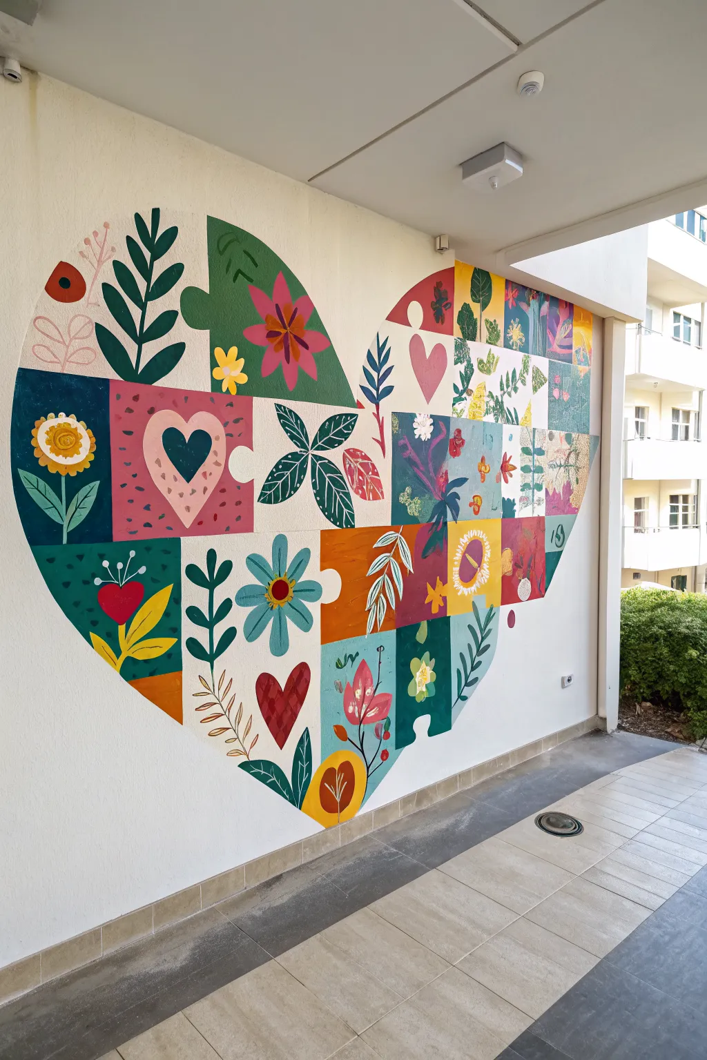 A heart mural made of patterned puzzle pieces, a simple minimalist way to celebrate diversity