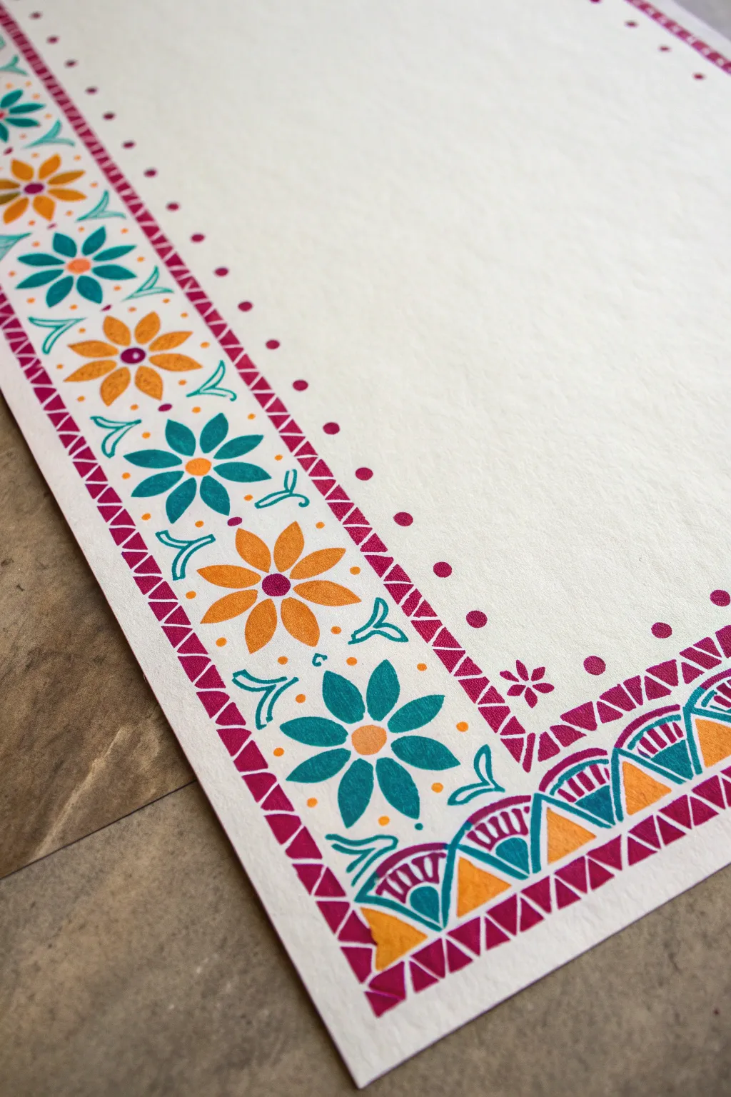 Easy Diwali rangoli border: bold petals, dots, and simple shapes on a clean neutral canvas