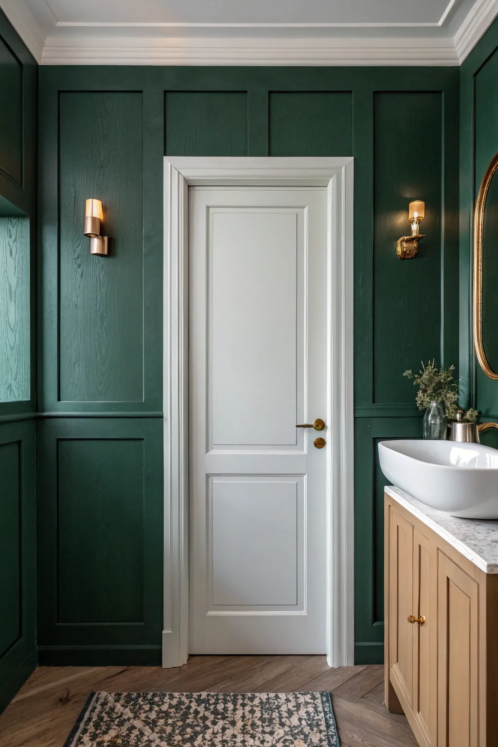 Deep color-drenched door and trim with warm light proves moody paint can feel luxe, not small.