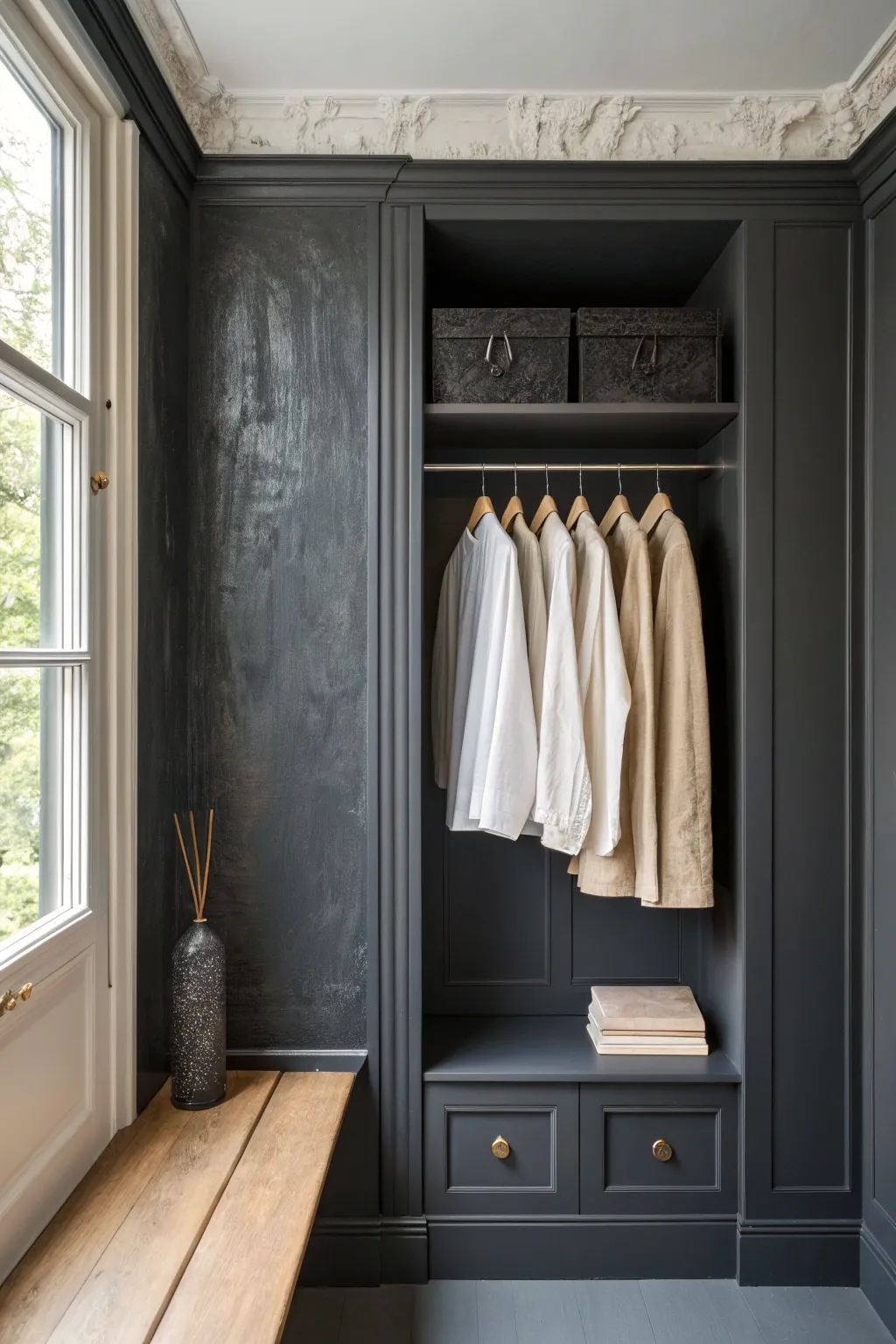 Moody charcoal closet paint with crisp shelf lines and bright hangers for bold contrast