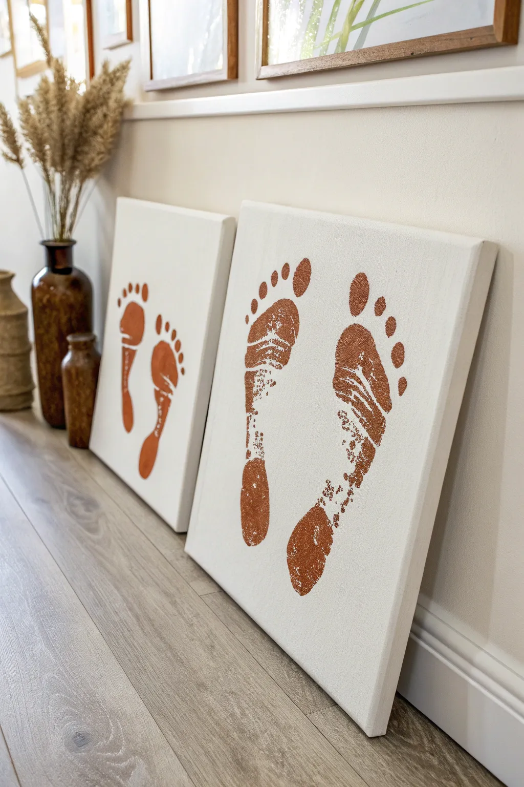 Minimalist family footprint lineup canvas, front-facing and crisp, perfect for a warm hallway display