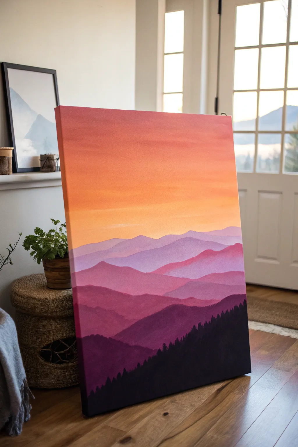 Create a calm ombre sunset canvas with a bold silhouette, perfect for minimalist boho decor.
