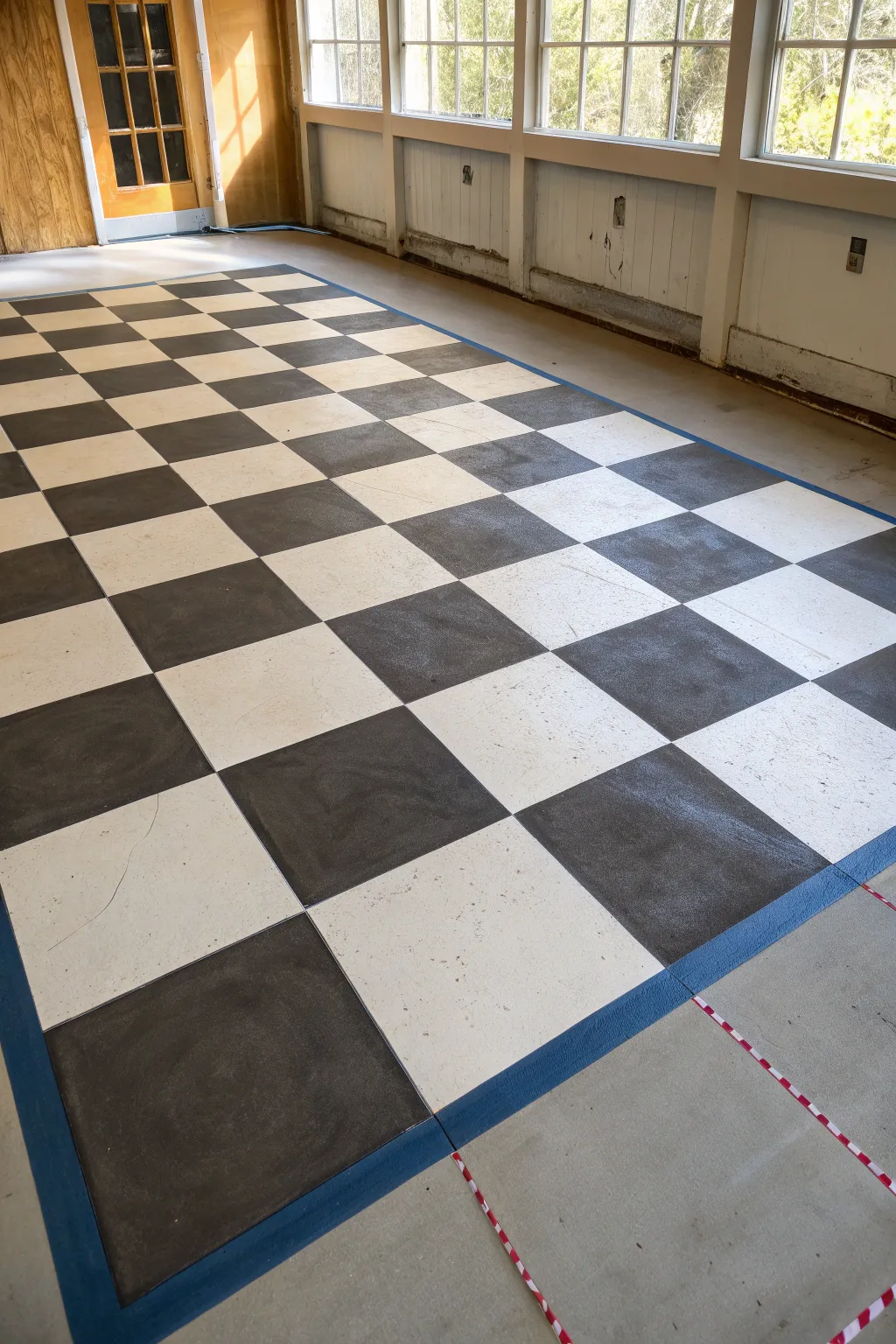 Timeless checkerboard concrete floor DIY with crisp taped lines and calm Scandinavian styling
