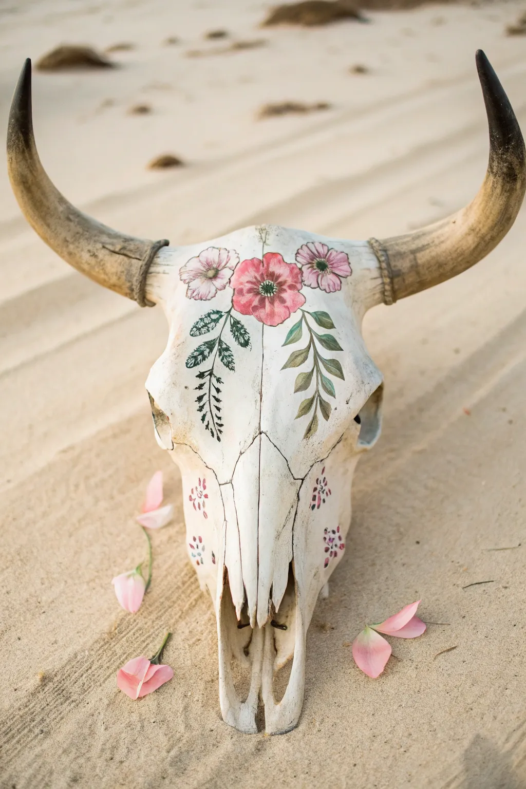 Delicate blush and sage florals painted on a cow skull for a soft minimalist boho statement.