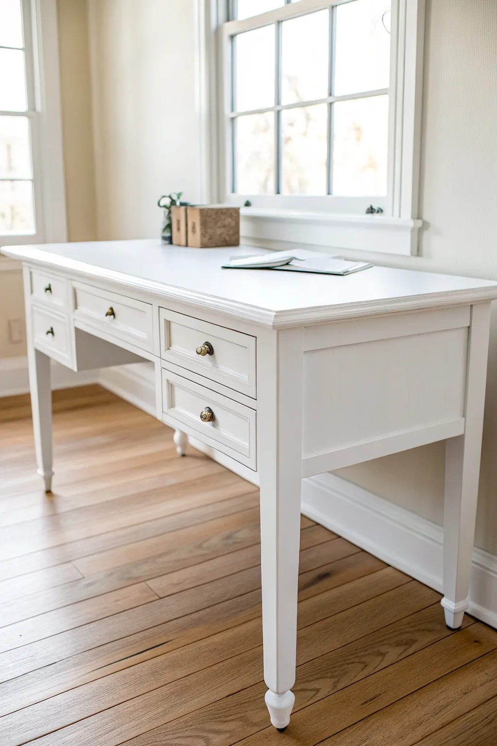 Crisp white painted desk with flawless edges, perfect for a bright, minimalist studio corner.