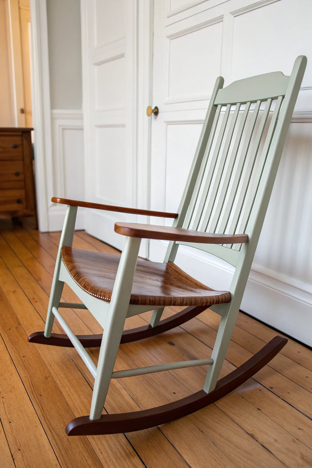 Two-tone painted rocker with a soft frame and dark runners for clean minimalist boho contrast