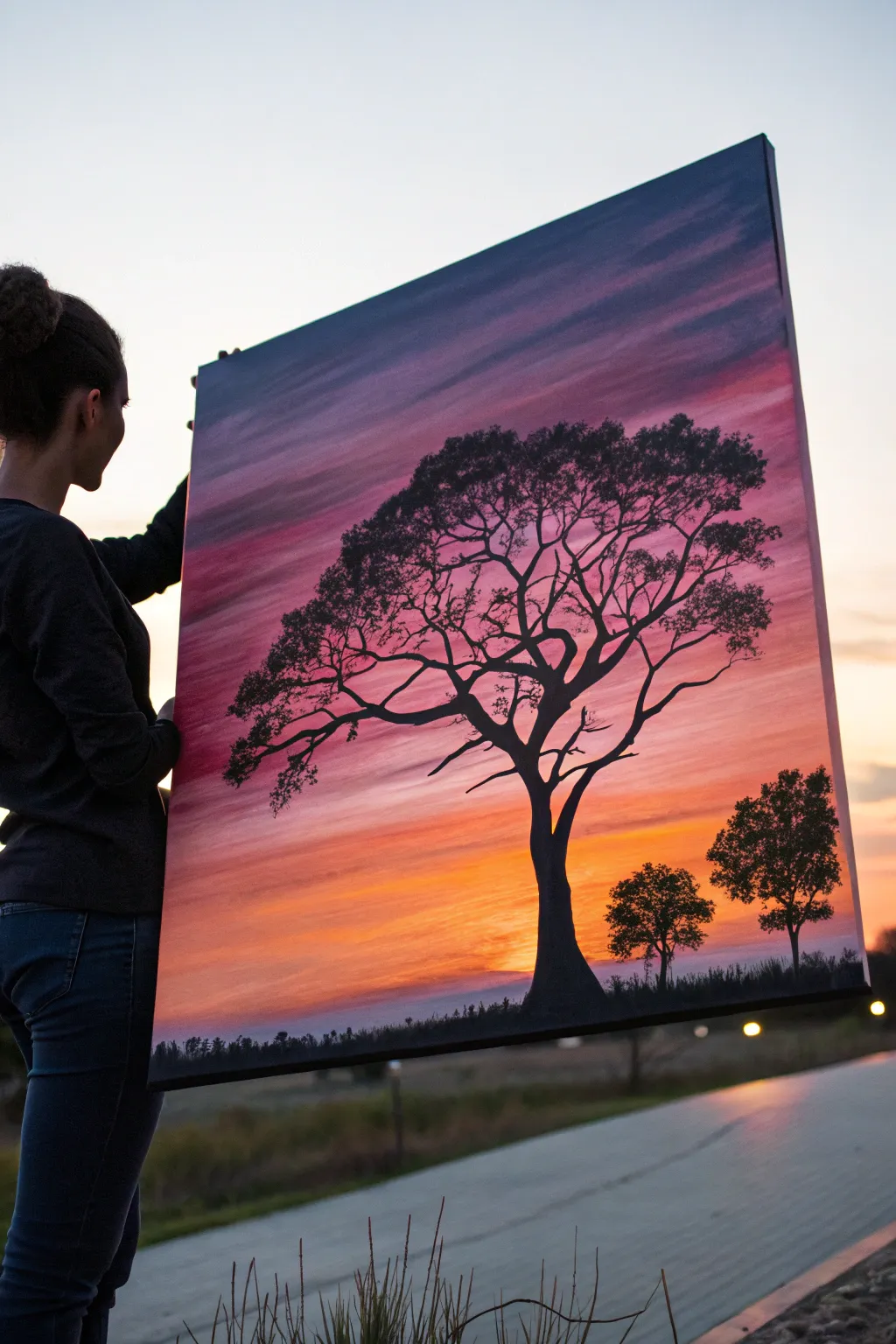 DIY silhouette painting: crisp black trees over a dreamy twilight gradient, simple and bold.