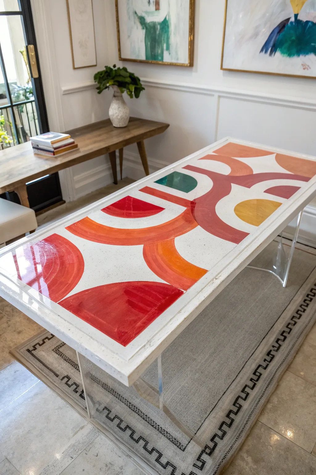 Crystal-clear resin flood coat over bold abstract tabletop art, catching bright window reflections