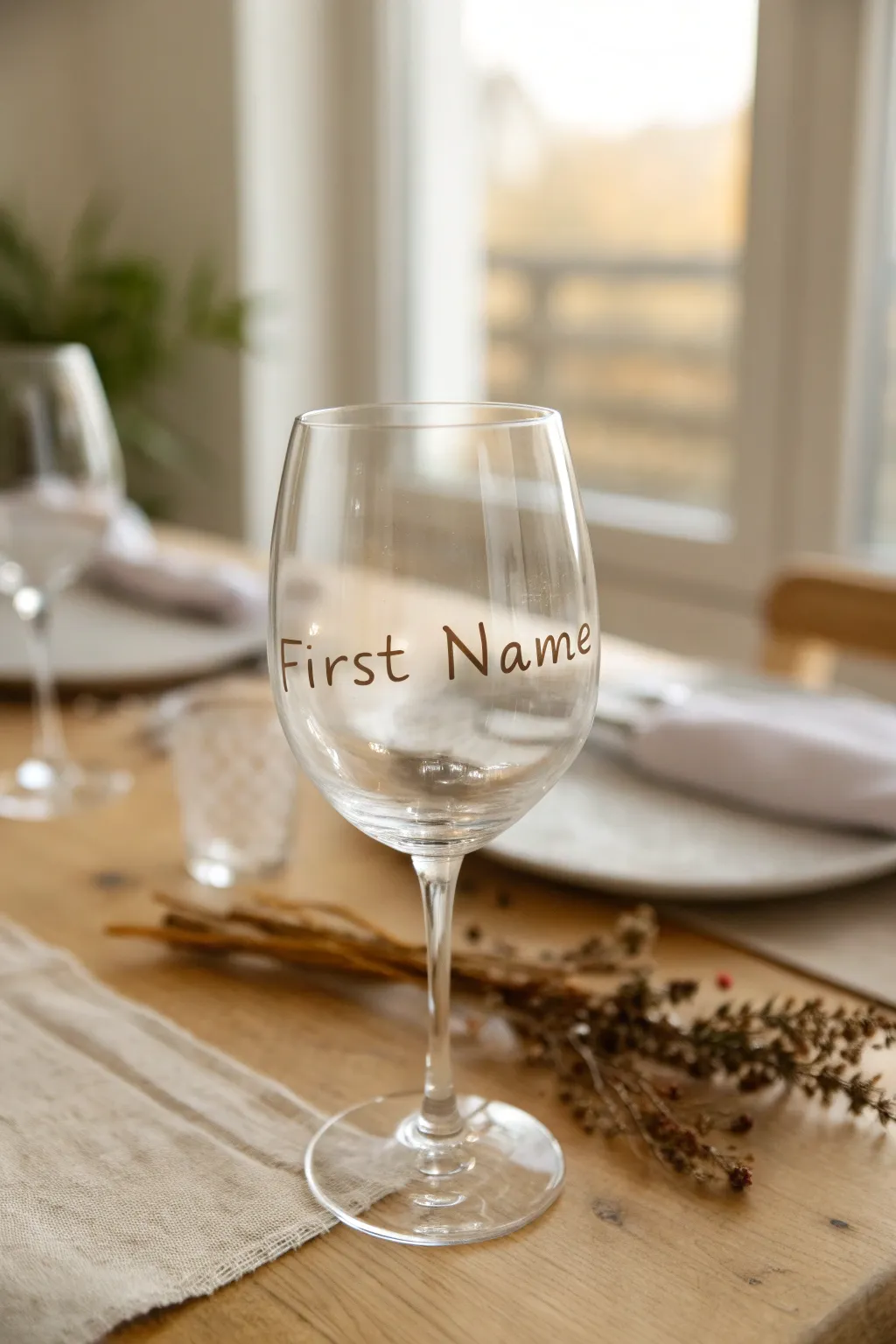 Make guests feel special with hand-lettered names on minimalist DIY wine glasses.