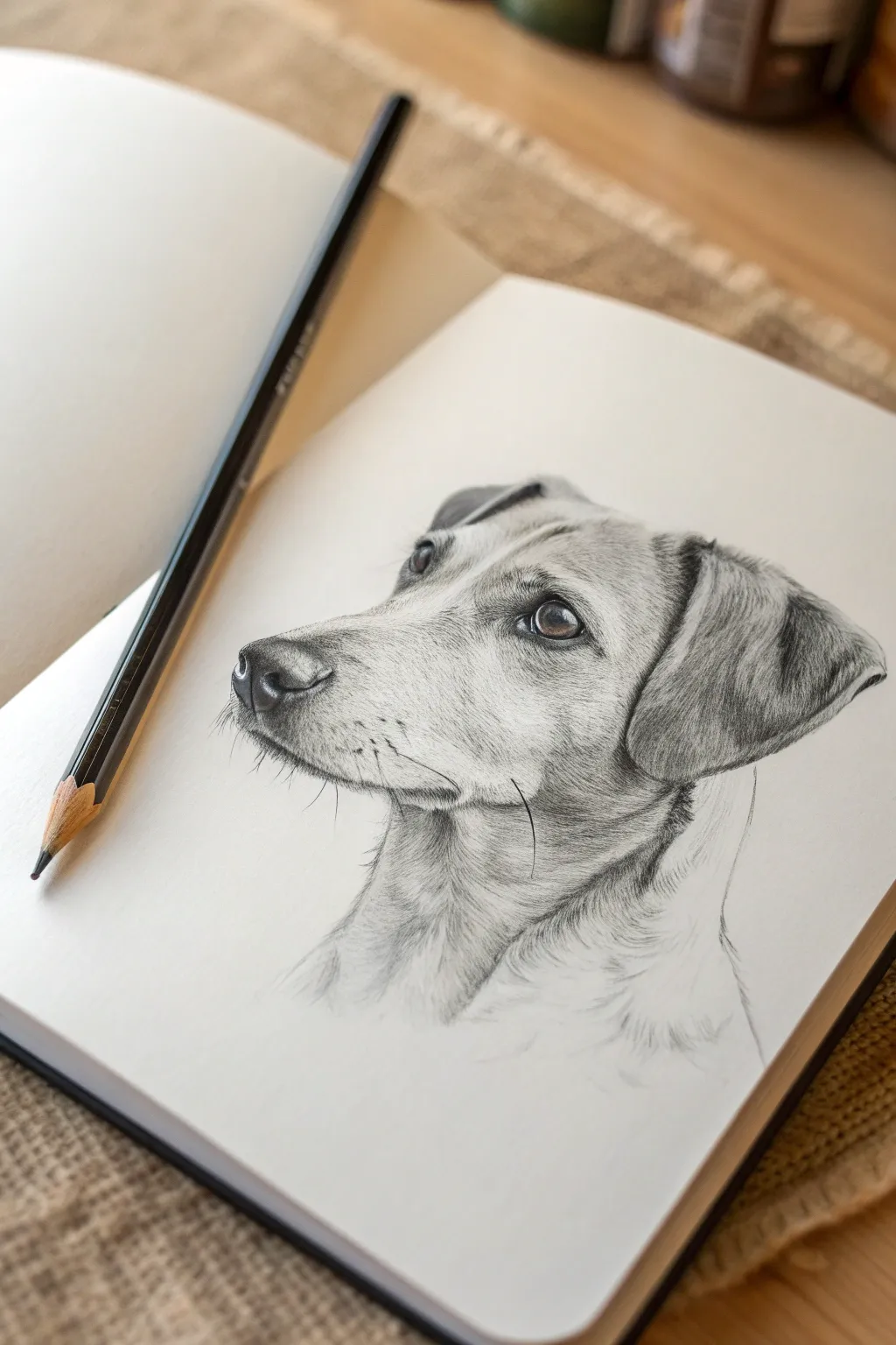 Classic head tilt dog portrait study in clean pencil lines, with a simple centerline